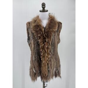 Vintage Dolce Cabo Brown Rabbit Raccoon Fur Fringe Sleeveless Vest Sz XL